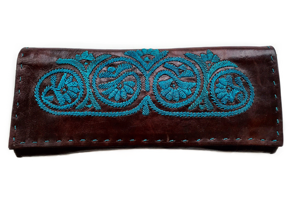 Royal Blue Embroidered Brown Leather Clutch